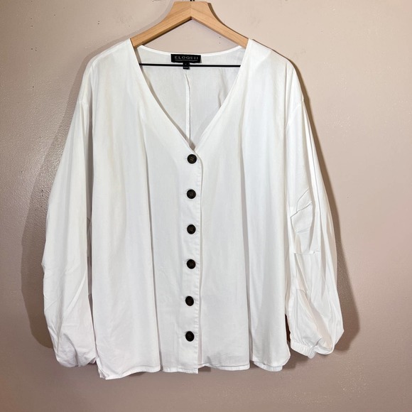 Eloquii Tops - Eloquii White Blouse Top Button Pleated Ruched Long Sleeve V-Neck Womens Size 18